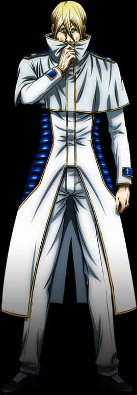 Anime Render 桌布 壁紙 — 一個金髮動漫角色穿著白色和藍色制服，站在黑色背景前，手靠近嘴巴。