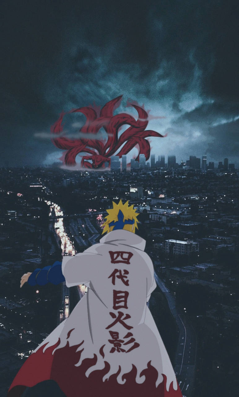 minato namikaze 桌布 壁紙 — 一個金髮動漫角色穿著白色斗篷，夜晚站在城市頂端，面對暴風雨天空中一隻巨大的紅色九尾狐。