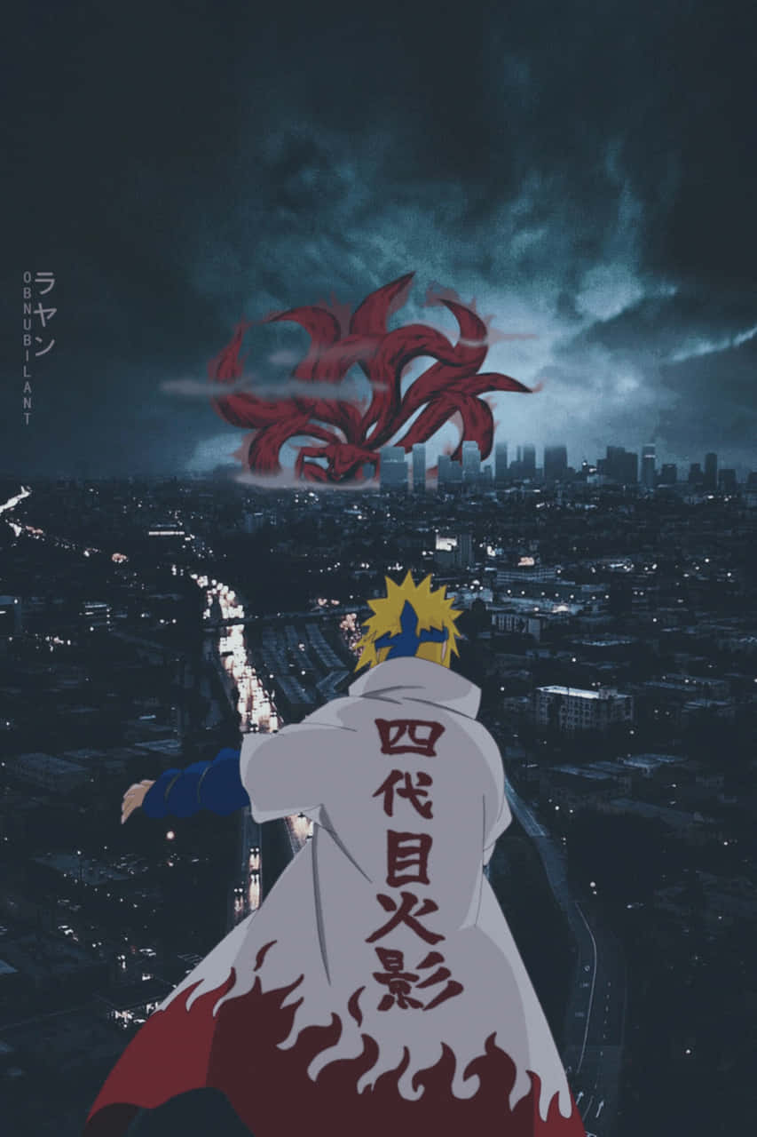 桌布 壁紙 — 一個金髮動漫角色穿著白色斗篷，夜晚站在城市頂端，面對暴風雨天空中一隻巨大的紅色九尾狐。