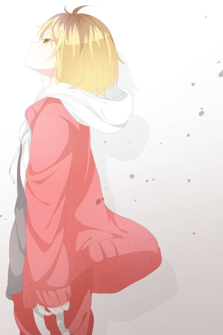 Kenma Kozume 桌布 壁紙 — 一個金髮動漫角色穿著粉紅色連帽衫，側面站在帶有柔和灰色斑點的極簡白色背景前。