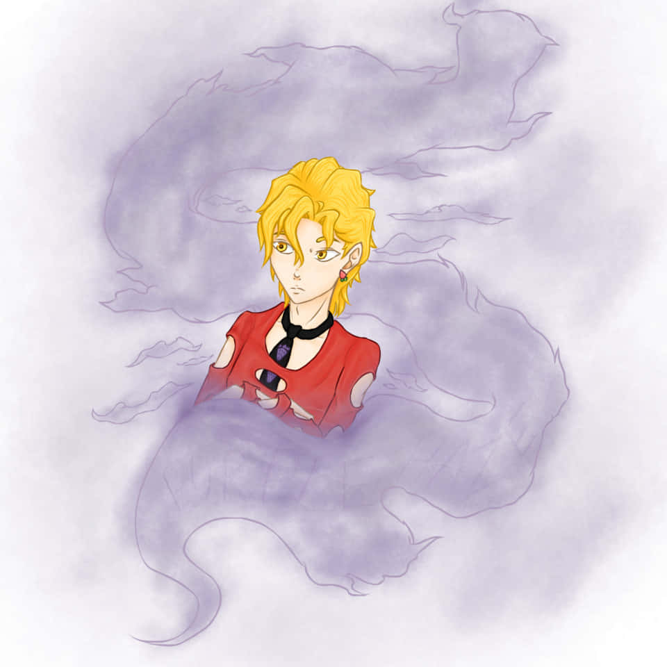 Pannacotta Fugo 桌布 壁紙 — 一個金髮動漫角色穿著紅色上衣，從旋轉的紫色迷霧中以莊嚴的表情出現。