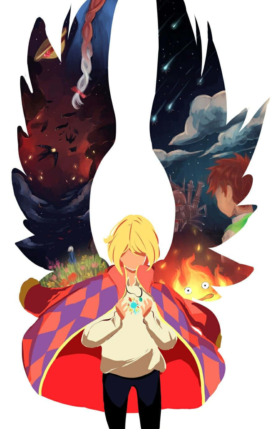 Howl's Moving Castle 桌布 壁紙 — 一個金髮動漫角色穿著紅色格紋外套，手持發光吊墜，背後宇宙翅膀爆發著火焰和星空場景。