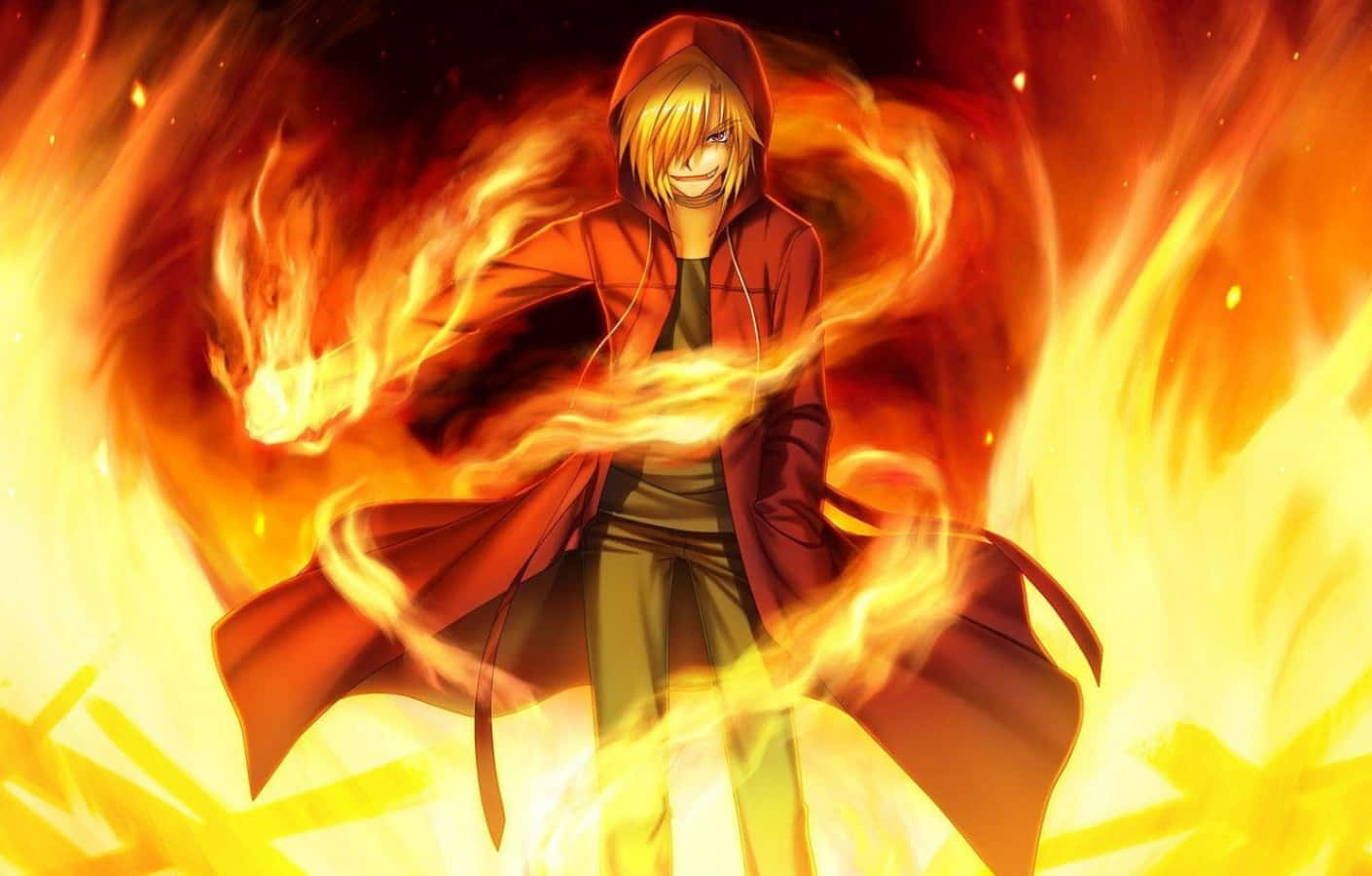 Cool Fire 桌布 壁紙 — 一個金髮動漫角色穿著紅色連帽外套，站在火焰背景中，被旋轉的火焰包圍。