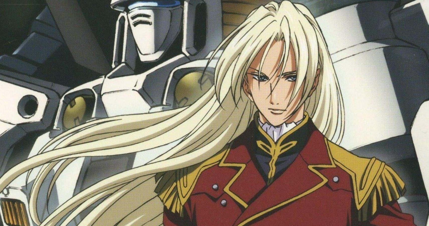 Milliardo Peacecraft 桌布 壁紙 — 一個金髮動漫角色穿著紅金色制服，站在一個有金色眼睛的黑白機甲前面。