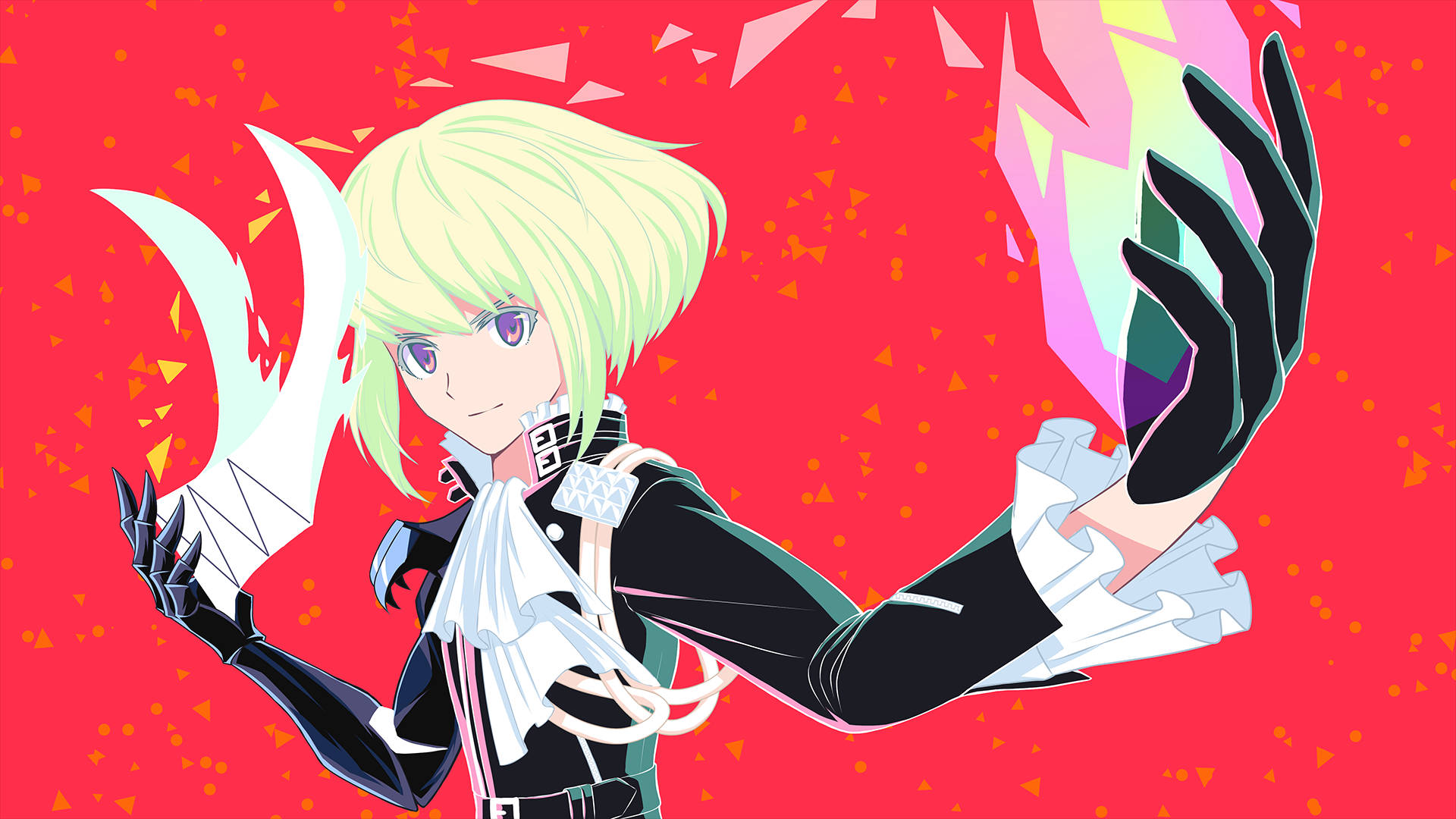 Promare 桌布 壁紙 — 一個金髮動漫角色穿著黑白服裝，在充滿浮動三角形的鮮紅色背景前，手持發光的水晶碎片。