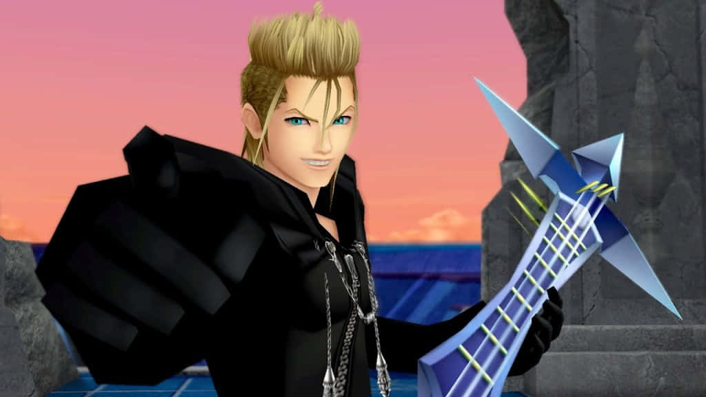 Kingdom Hearts Characters 桌布 壁紙 — 一個金髮動漫角色穿著黑色盔甲，在粉紅色夕陽天空下握著發光的藍色鑰刃。