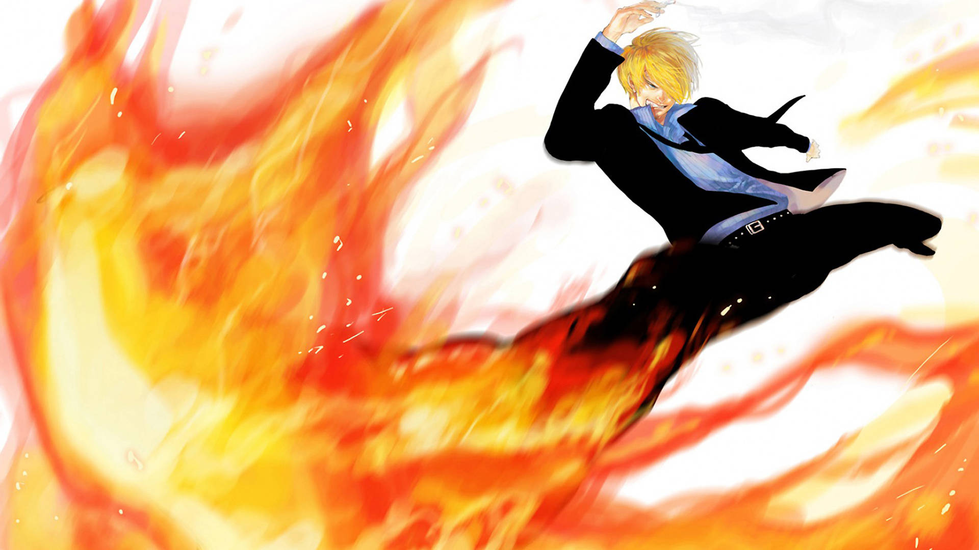 Sanji 桌布 壁紙 — 一個金髮動漫角色穿著黑色西裝，在旋轉的橙色和黃色火焰中動態跳躍，背景是明亮的白色。