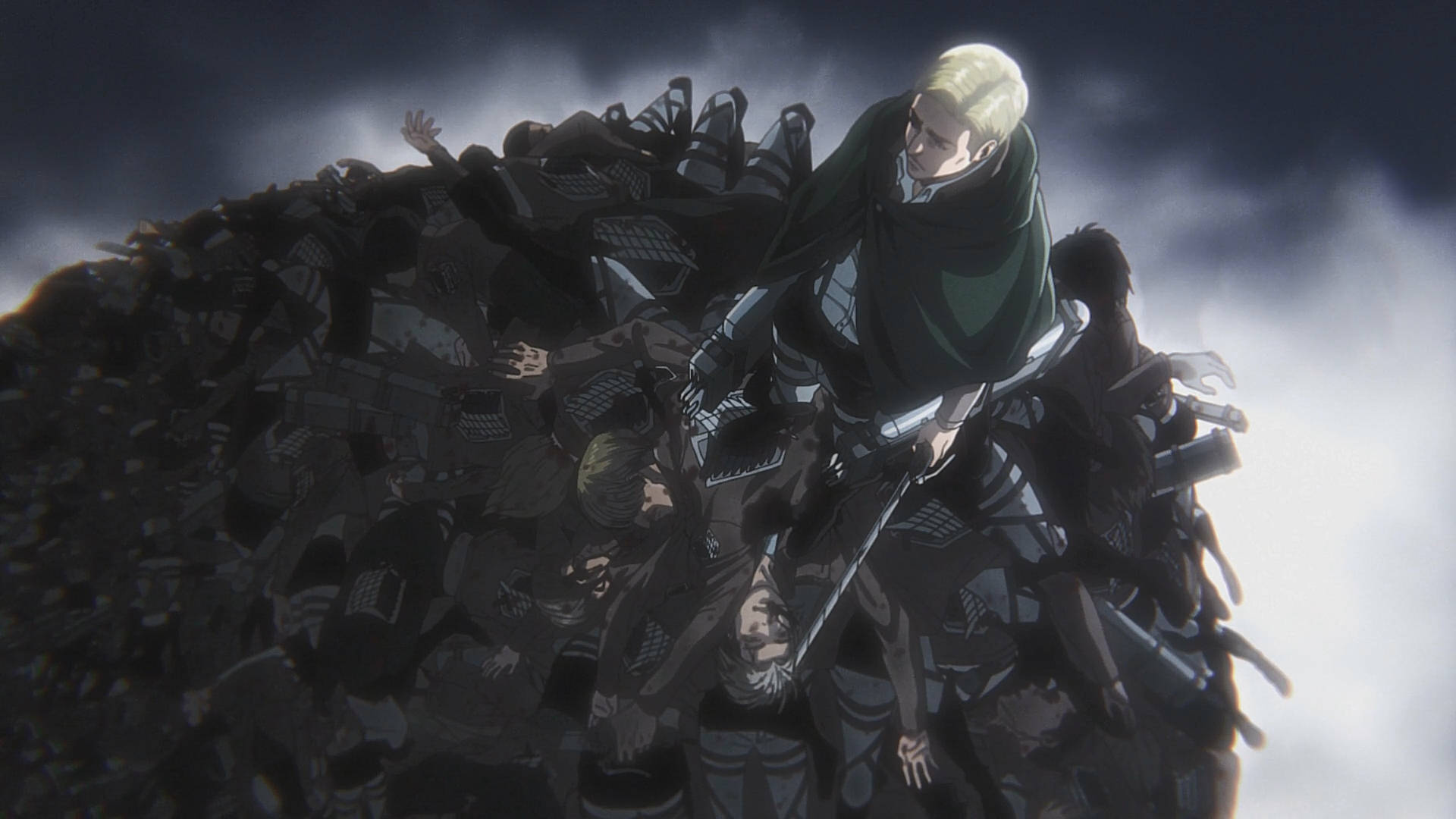 Erwin 桌布 壁紙 — 一個金髮動漫角色站在一堆倒下的士兵之上，背景是黑暗的暴風雨天空。
