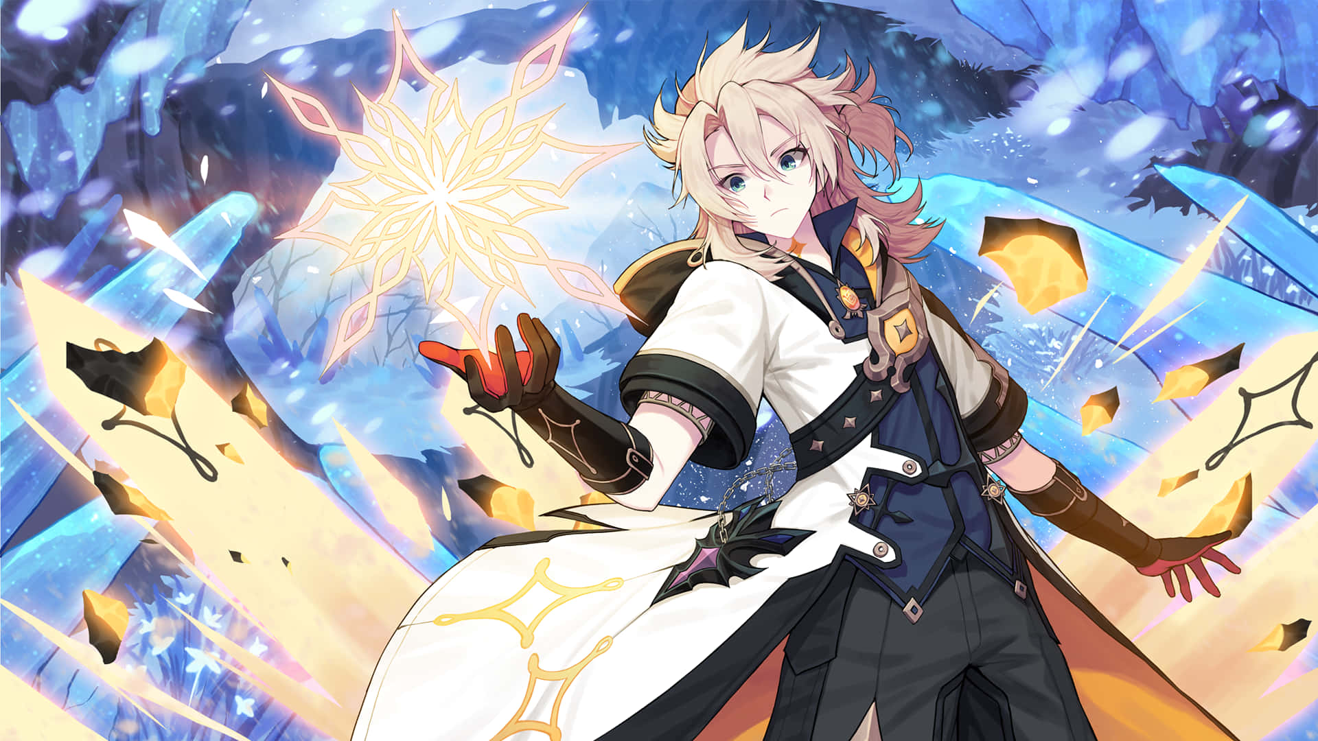 桌布 壁紙 — 一個金髮動漫角色身穿白色和藍色盔甲，在破碎的水晶和飄落的雪花中引導發光的魔法。