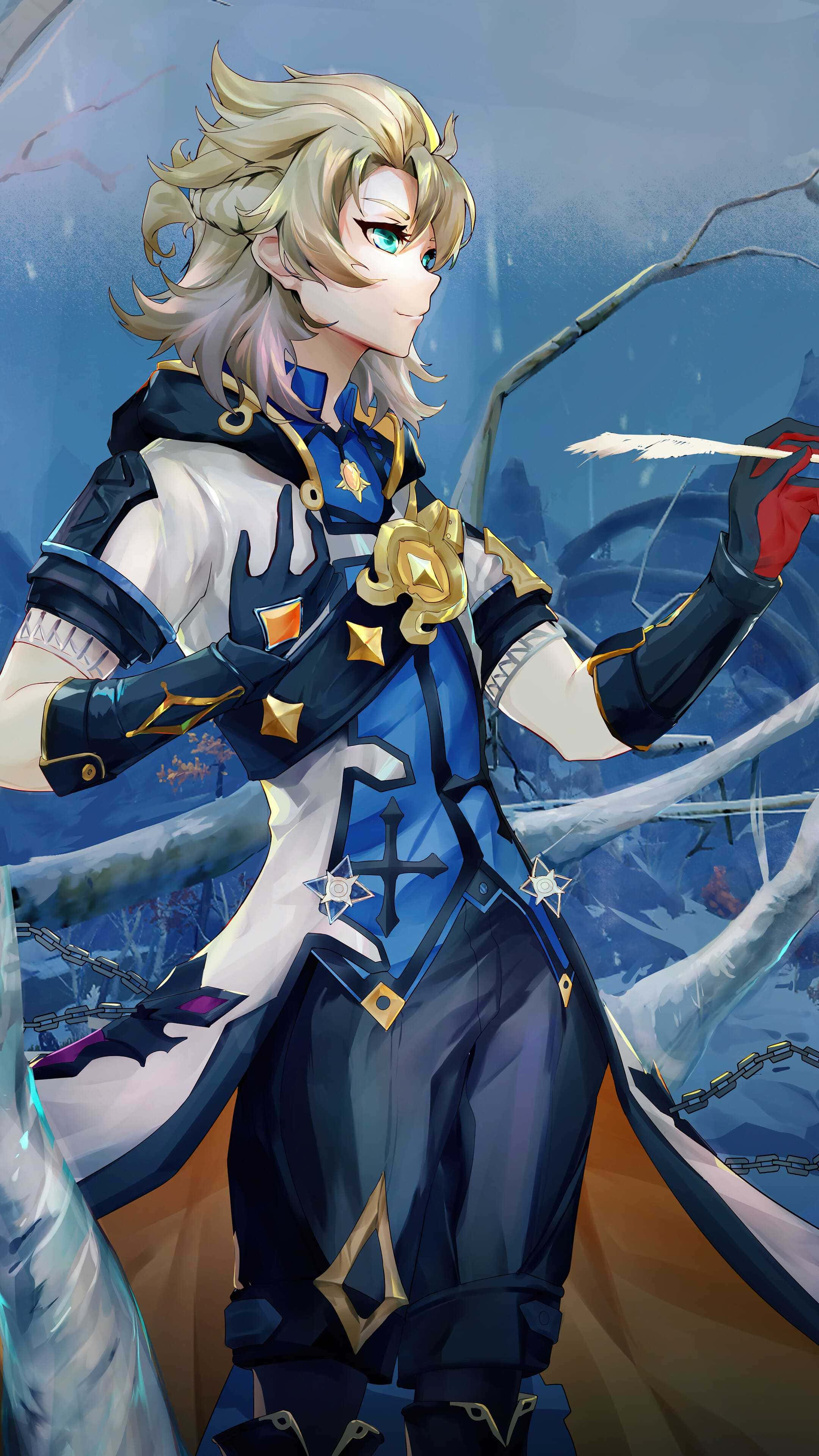 遊戲 桌布 壁紙 — 一個金髮動漫角色身穿華麗的藍色和金色盔甲，站在冰枝之間，手持羽毛。