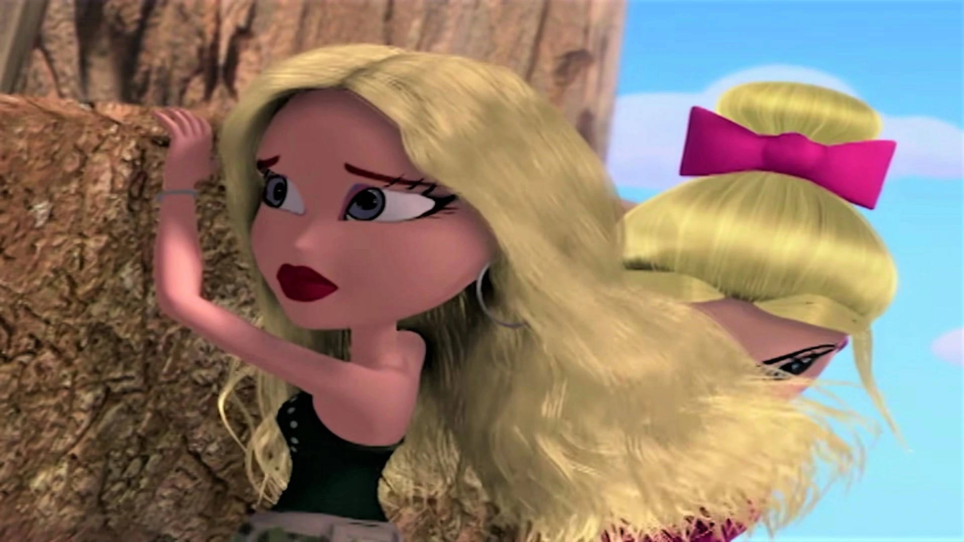 bratz 美學 桌布 壁紙 — 一個金髮動畫女孩戴著粉紅色蝴蝶結，在明亮的戶外場景中從樹幹後面探出頭來。