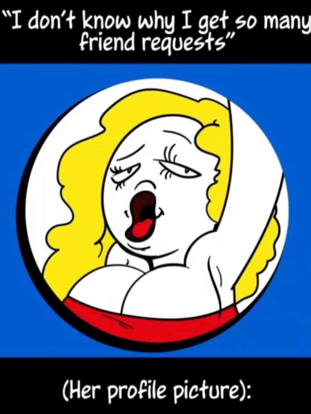 Funny Meme Profile 桌布 壁紙 — 一個金髮卡通女人在藍色背景的圓形個人資料相框內疲倦地打哈欠。