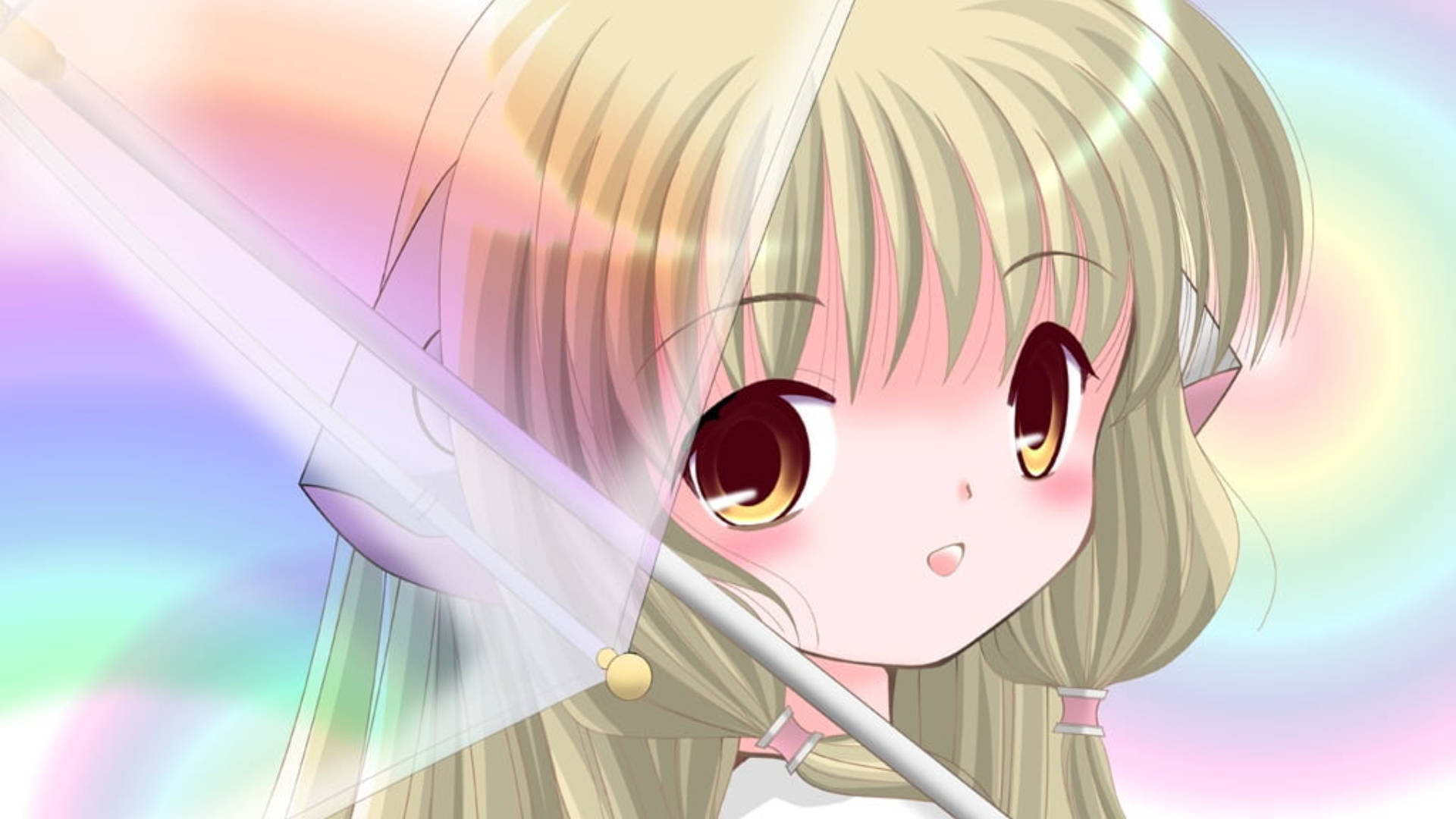 Chobits 桌布 壁紙 — 一個金髮大眼的chibi動漫女孩在柔和彩虹漸變背景前拿著一把發光的劍。