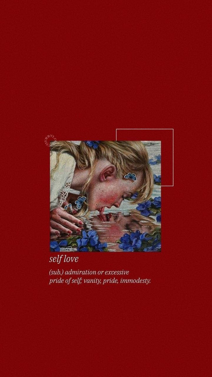 Aesthetic Love 桌布 壁紙 — 一個金髮女孩俯身在水面上，被藍色花朵環繞，背景是深紅色，帶有'self love'文字。