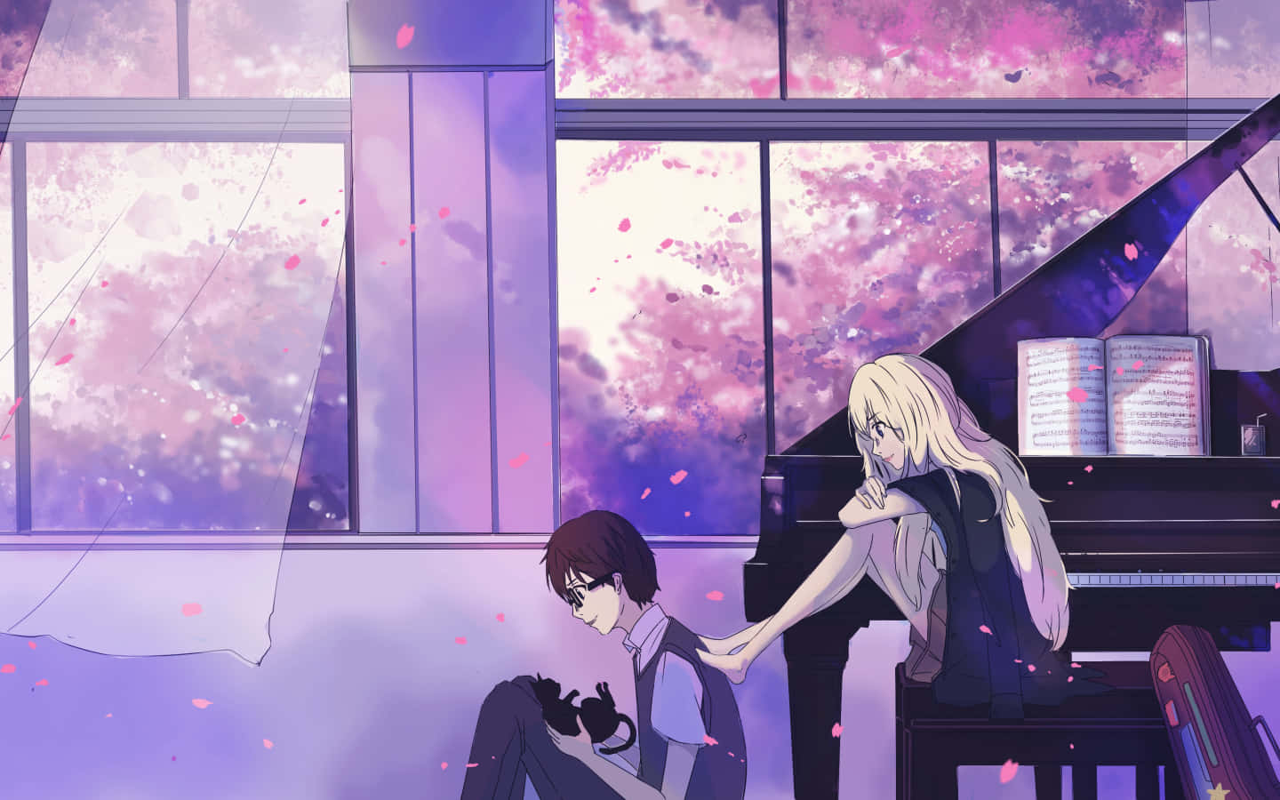 Your Lie In April 桌布 壁紙 — 一個金髮女孩坐在鋼琴前，一個男孩跪在她旁邊，在紫色調的房間裡，櫻花飄落。
