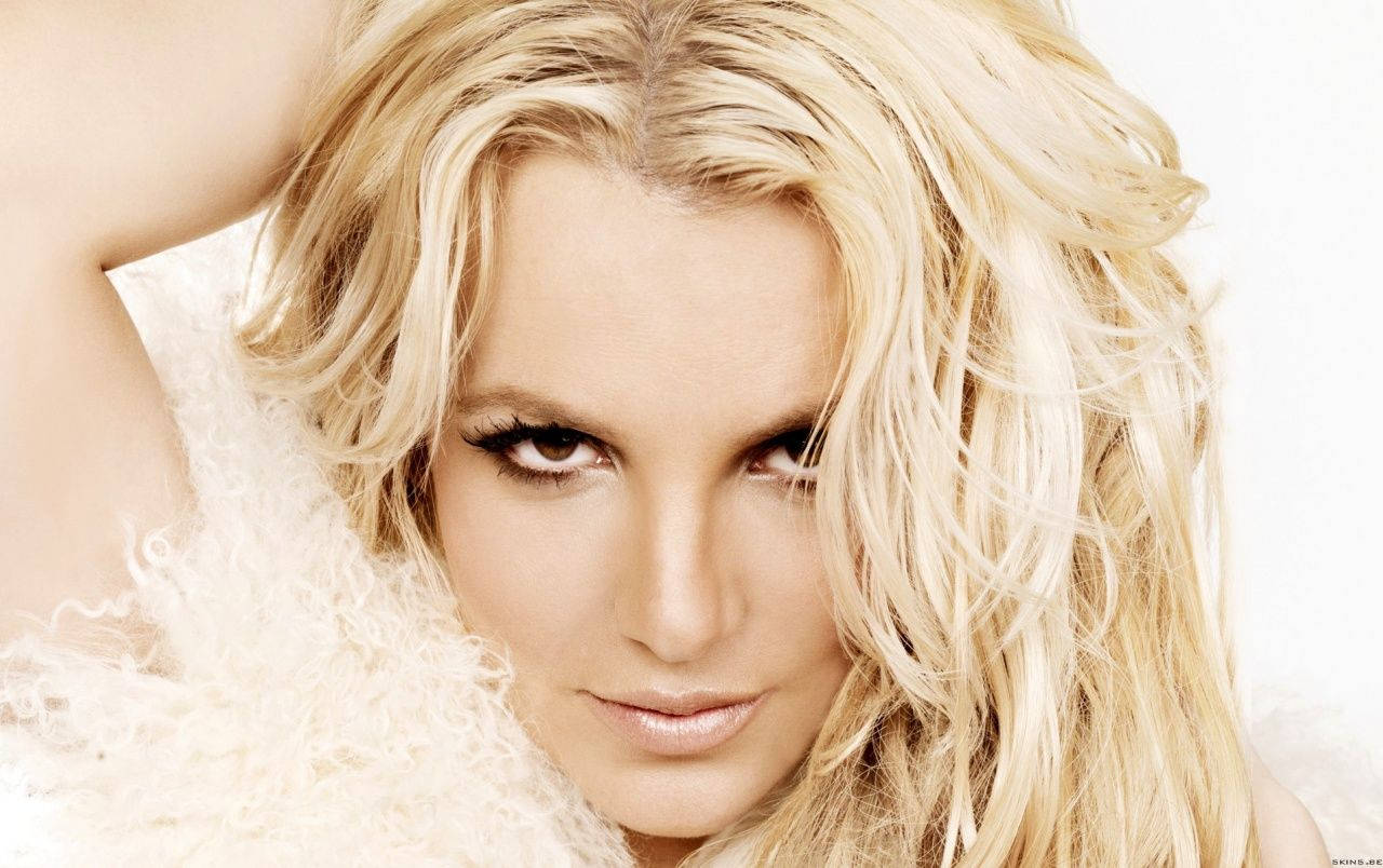 britney 桌布 壁紙 — 一個金髮女性的特寫肖像，眼神強烈，配以柔軟的白色羽毛領，背景明亮。