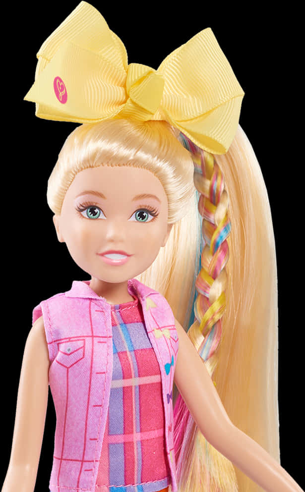 JoJo Siwa 桌布 壁紙 — 一個金髮娃娃的特寫，頭髮編成彩色辮子，頂部有一個大黃色蝴蝶結，穿著粉紅色格子服裝。