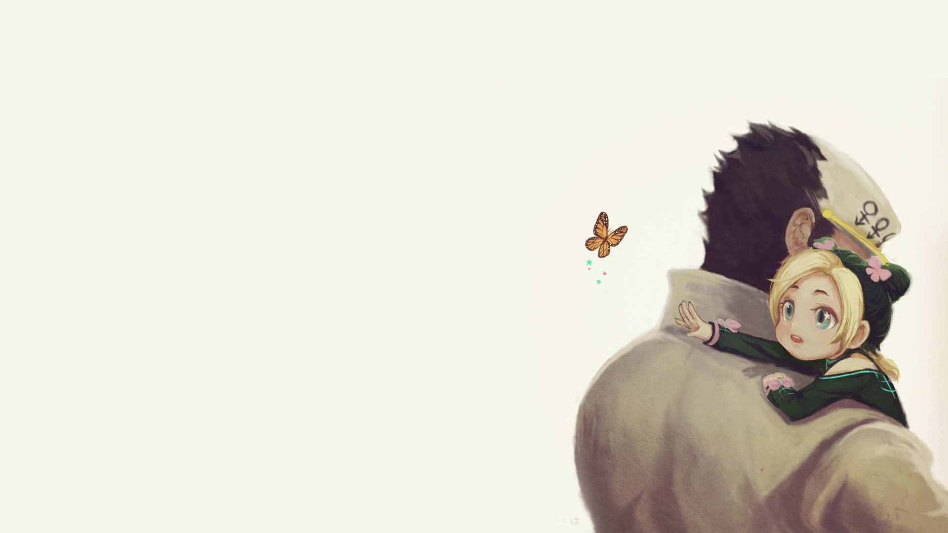 Jotaro Kujo 桌布 壁紙 — 一個金髮小女孩抓住一個男人的肩膀，一隻蝴蝶在附近飛舞，背景是柔和的奶油色。
