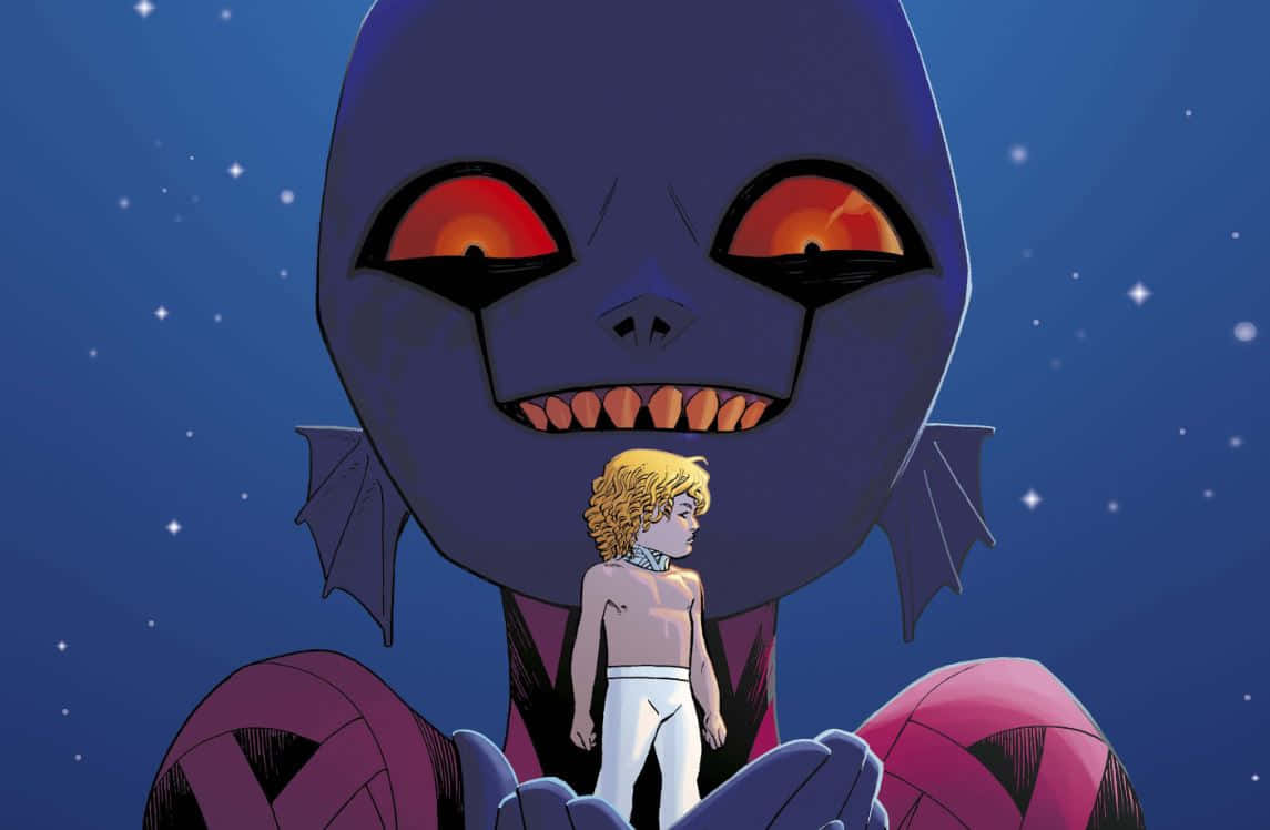 Cartoon Alien 桌布 壁紙 — 一個金髮小男孩站在一個擁有發光紅眼的巨型紫色怪物面前，背景是繁星點點的夜空。