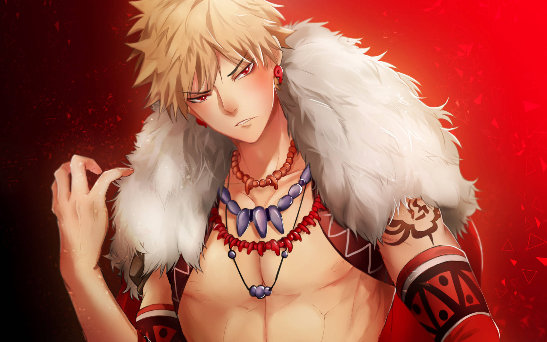 Bakugo 桌布 壁紙 — 一個金髮尖刺、紅眼的動畫男性，穿著白色毛領和部落珠寶，背景是火紅色的。