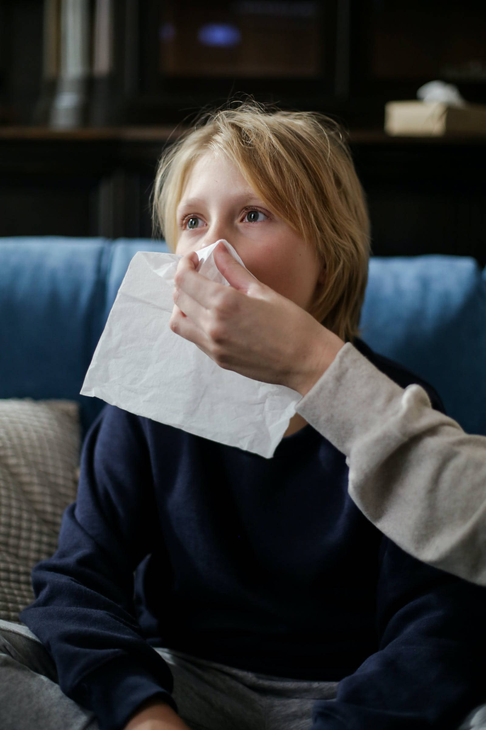 Sneeze 桌布 壁紙 — 一個金髮年輕人坐在藍色沙發上，用白色衛生紙擤鼻涕，同時向上看。