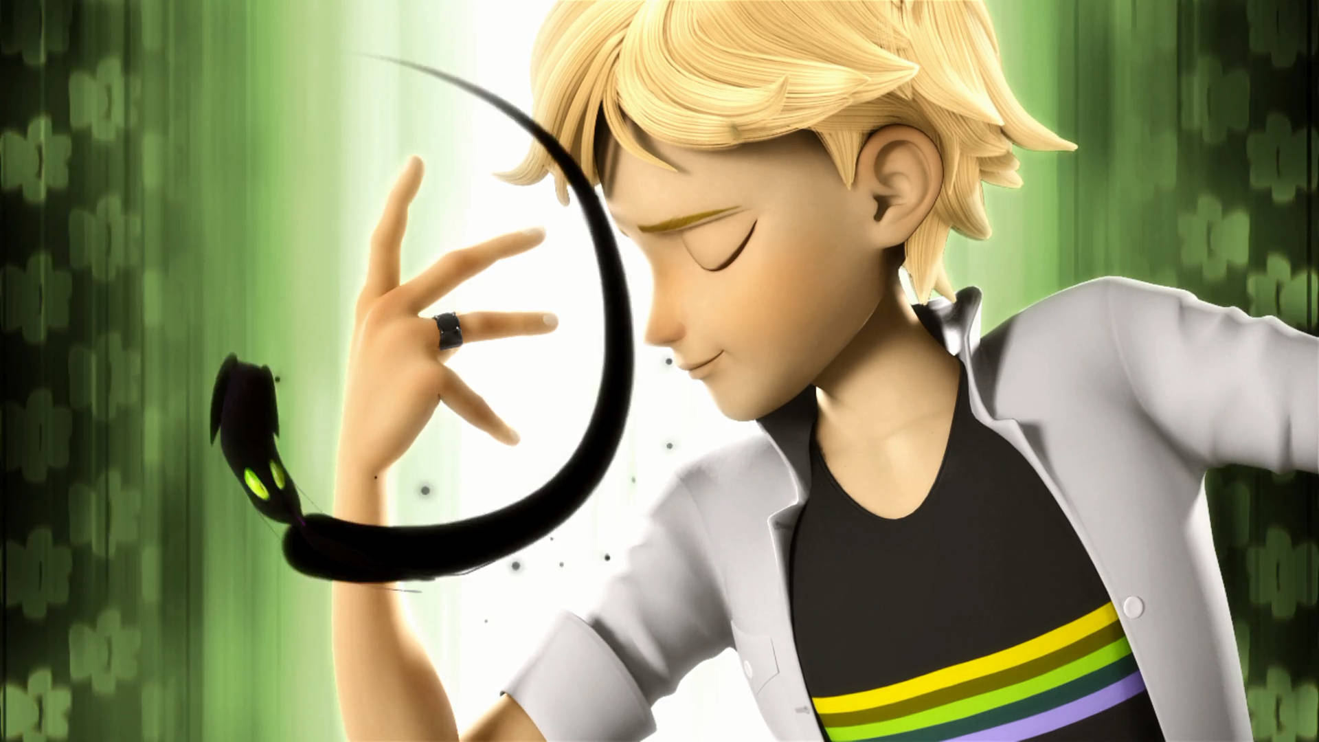 Adrien 桌布 壁紙 — 一個金髮年輕動漫男孩穿著實驗室外套，在綠色數位代碼背景前輕輕抱著一隻發光的綠眼黑貓。