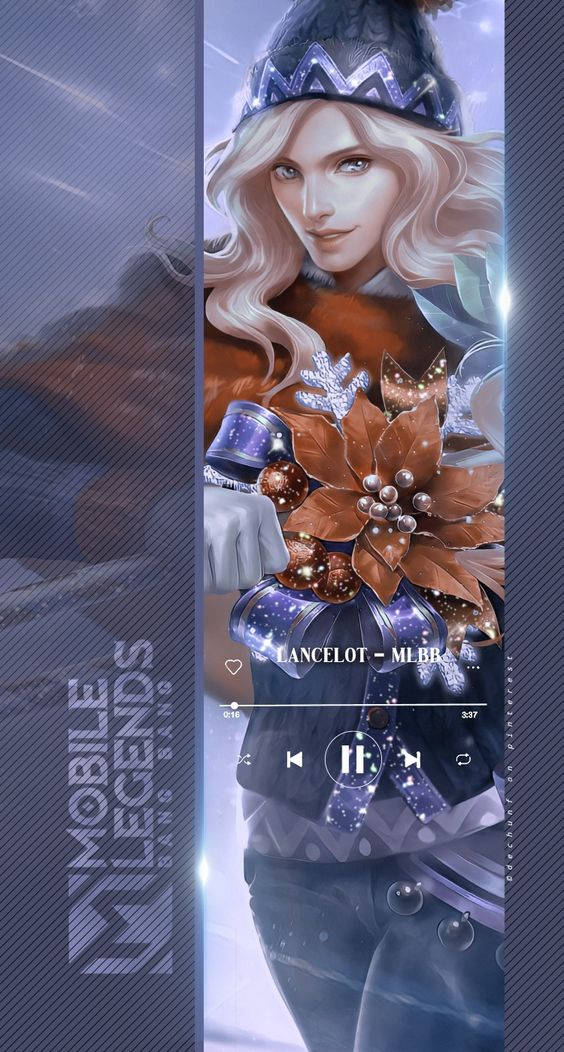 mobile legends logo 桌布 壁紙 — 一個金髮戴冬帽的奇幻動漫女孩，在數位音樂播放器介面前拿著發光的聖誕紅。