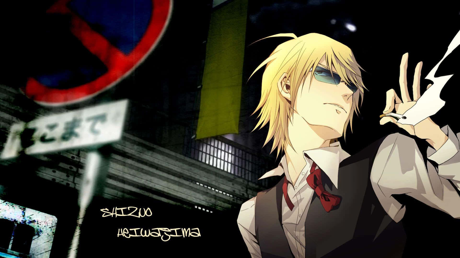 Shizuo Heiwajima 桌布 壁紙 — 一個金髮戴太陽眼鏡的動漫角色，在黑暗的城市背景下抽煙，背景有霓虹燈牌和日文字。