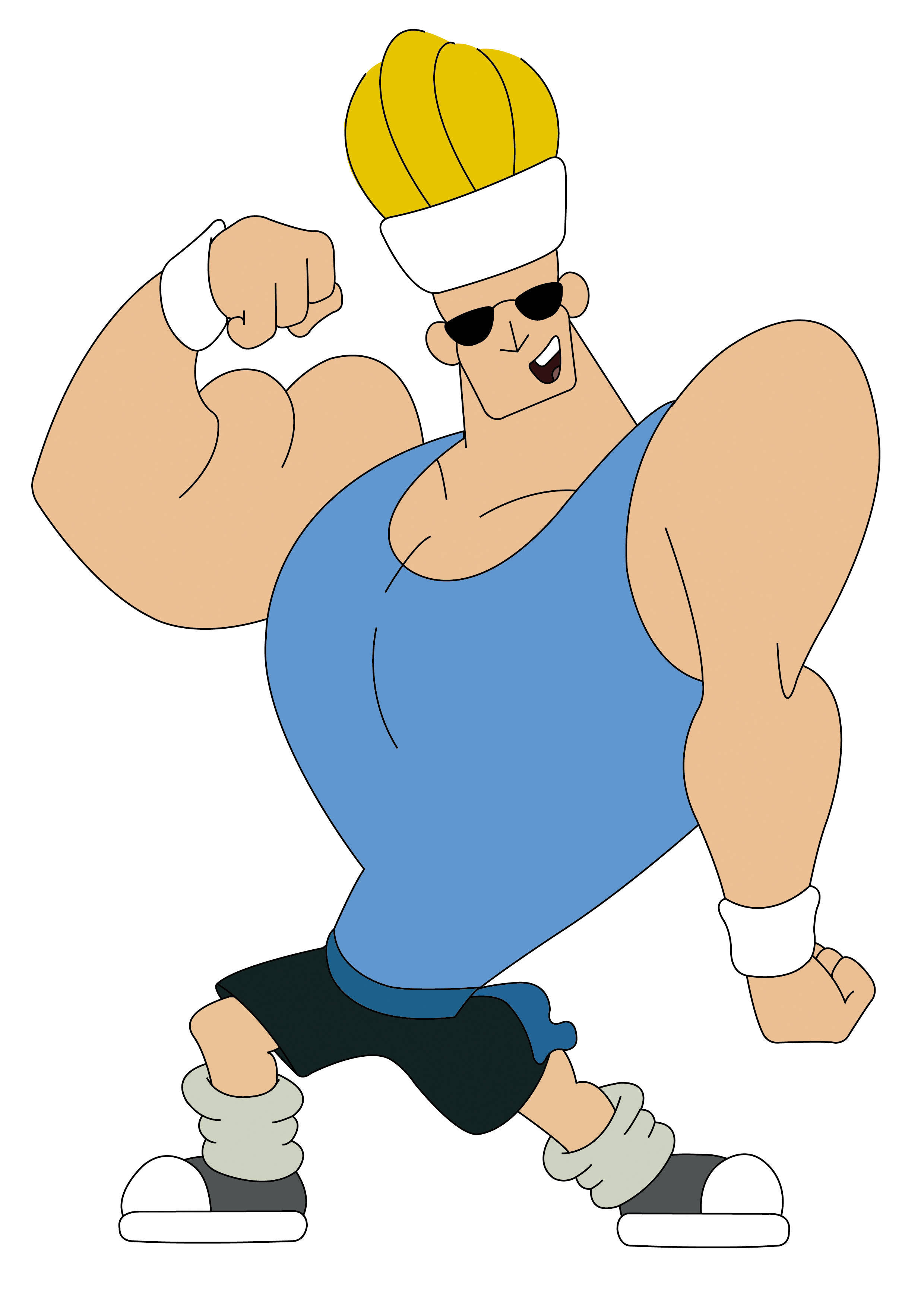 Johnny Bravo 桌布 壁紙 — 一個金髮戴太陽眼鏡的卡通摔角手，穿著藍色背心和黑色短褲，展示肌肉。