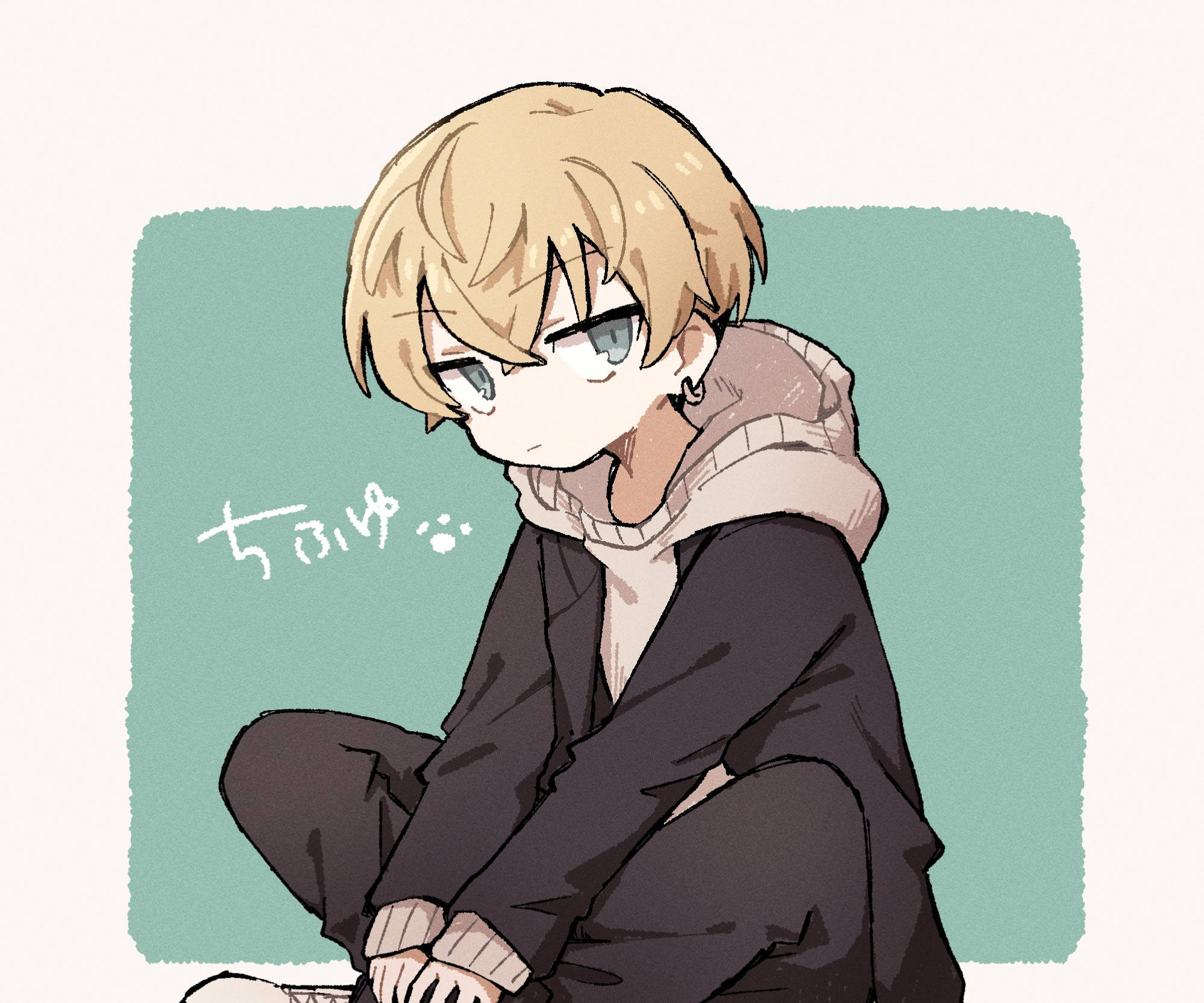 chifuyu matsuno 桌布 壁紙 — 一個金髮戴眼鏡的憂鬱動漫男孩，穿著連帽衫，蜷縮在青綠色背景前。