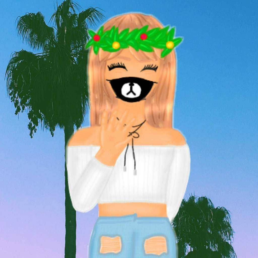 Cute Roblox 桌布 壁紙 — 一個金髮戴葉冠的卡通女孩，穿著熊面具和破洞牛仔褲，在棕櫚樹背景下眨眼。