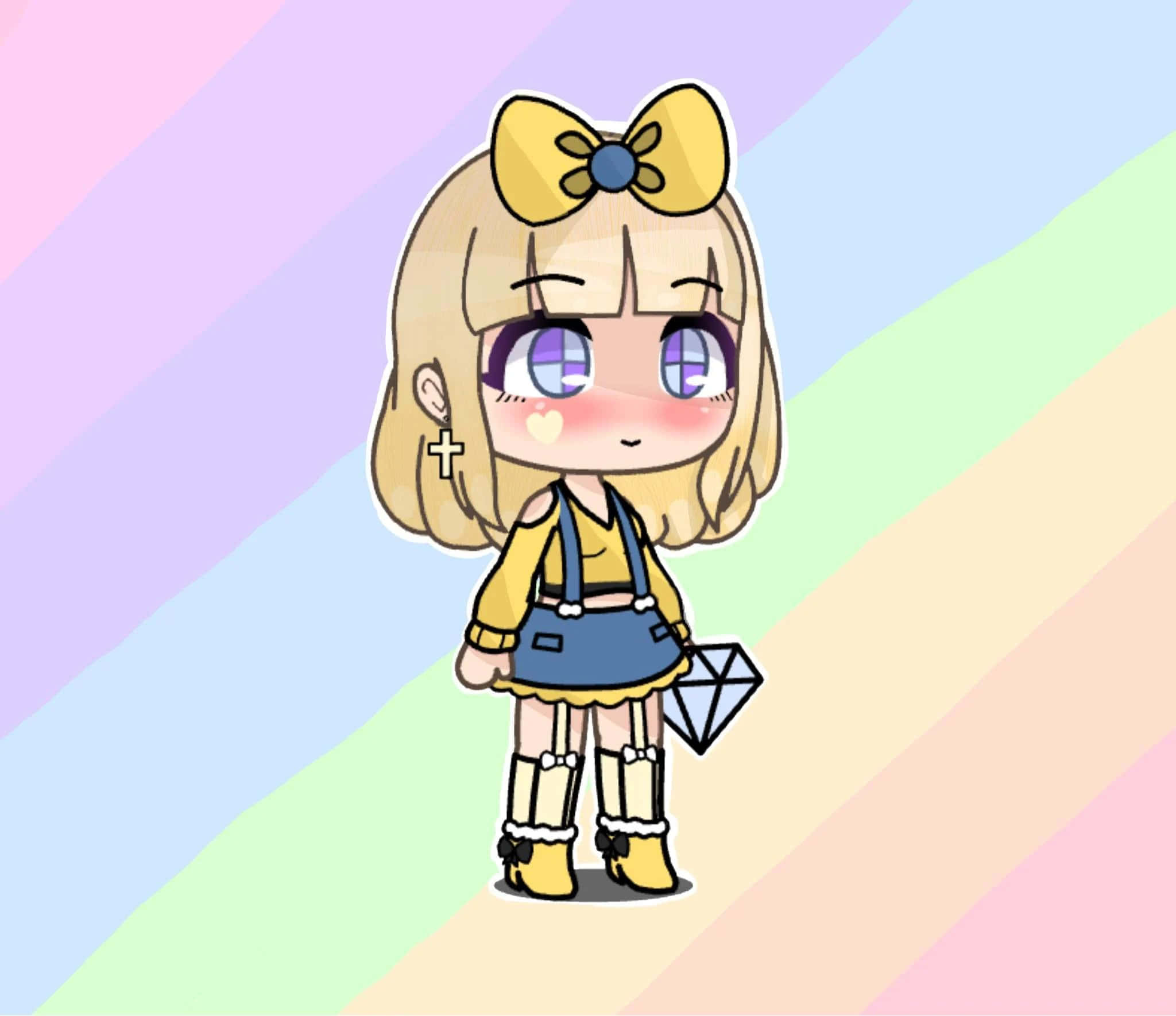 Gacha Life 桌布 壁紙 — 一個金髮戴黃色蝴蝶結的Q版動漫女孩站在粉彩彩虹背景前，手持鑽石。