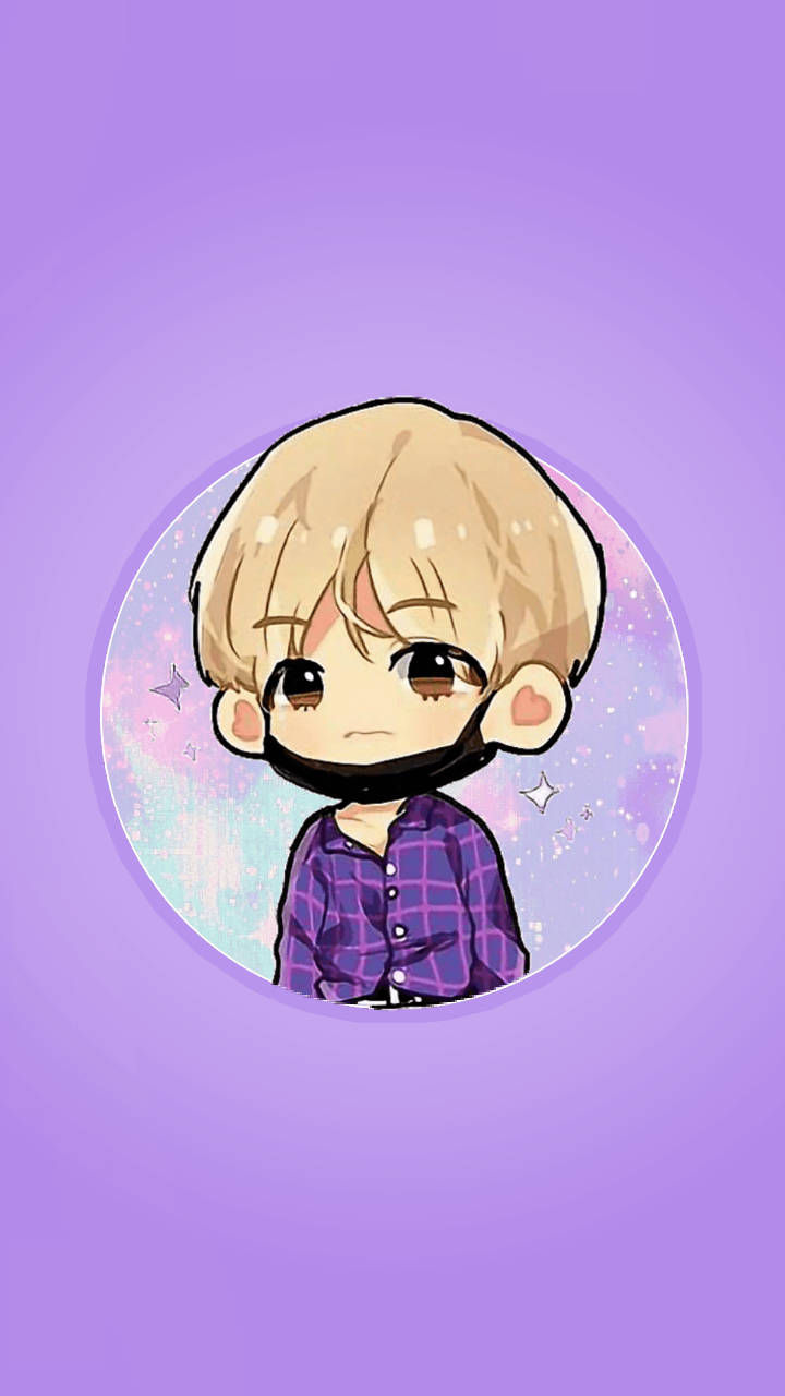 Q版動漫男孩穿著紫色格紋襯衫，戴黑色口罩，宇宙背景。 — BTS 卡通 GIF 壁紙