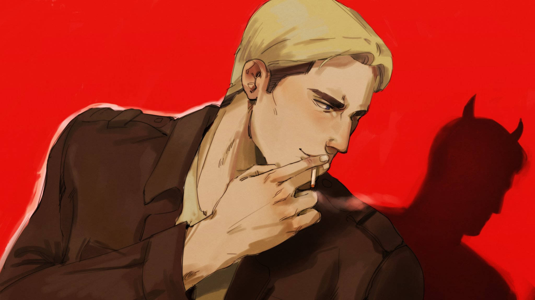 Erwin 桌布 壁紙 — 一個金髮男人穿著棕色外套，在鮮紅色的牆壁前抽煙，投射出魔鬼般的陰影。