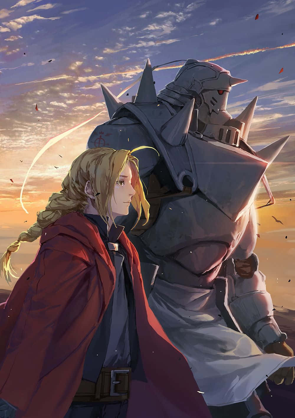 edward elric 桌布 壁紙 — 一個金髮男孩穿著紅色外套，站在高聳的裝甲自動機旁邊，背景是充滿活力的日落天空。