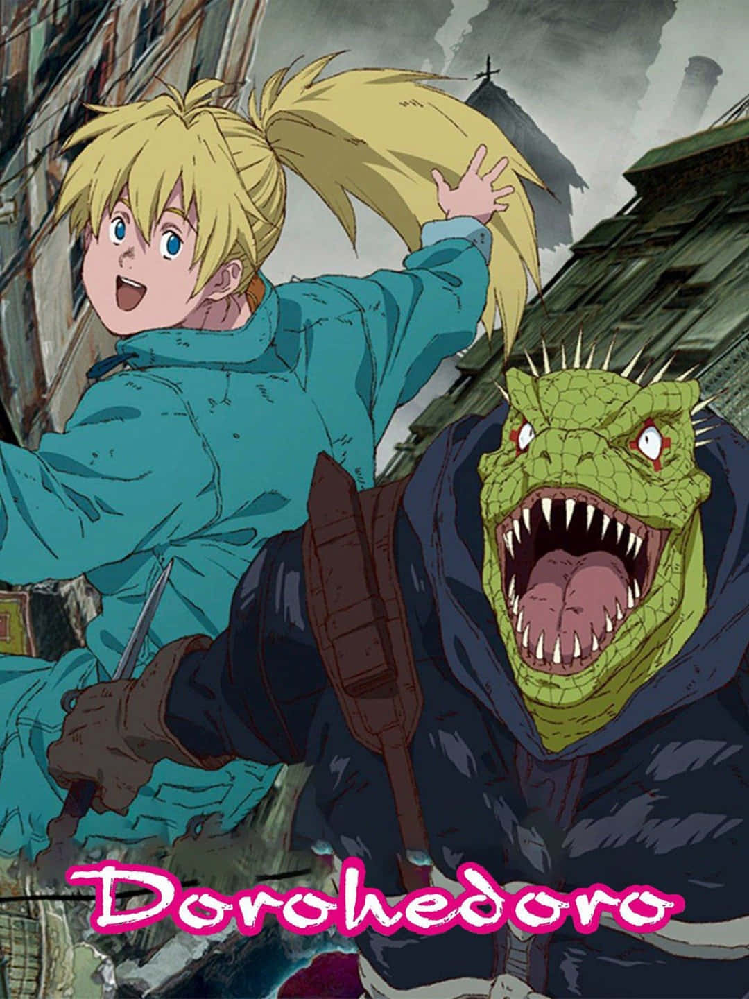 dorohedoro 桌布 壁紙 — 一個金髮男孩穿著青綠色外套，在廢墟城市景觀中逃離一個綠色尖刺、牙齒鋒利的怪物。