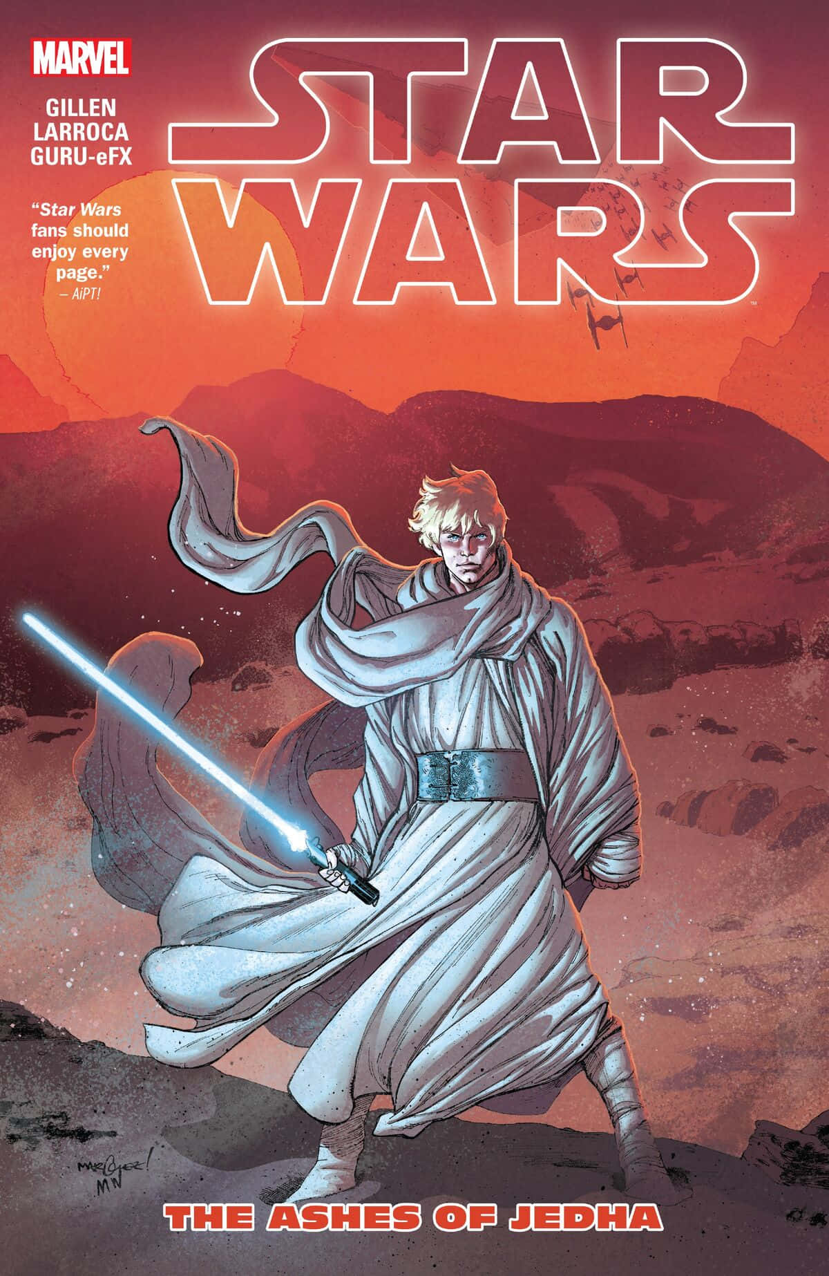 Jedha 桌布 壁紙 — 一個金髮白衣的絕地武士在熾熱的橙色外星風景中揮舞藍色光劍，遠方有山脈。