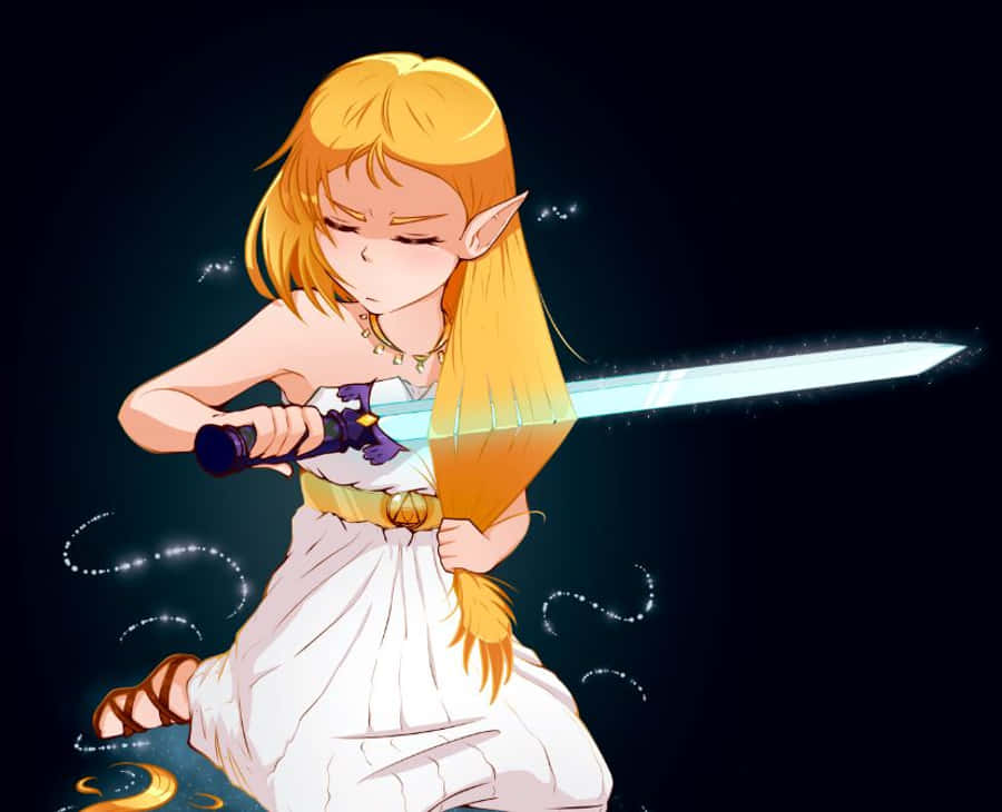 薩爾達 桌布 壁紙 — 一個金髮的Q版動漫女孩在黑暗的星空背景下揮舞著一把發光的劍。
