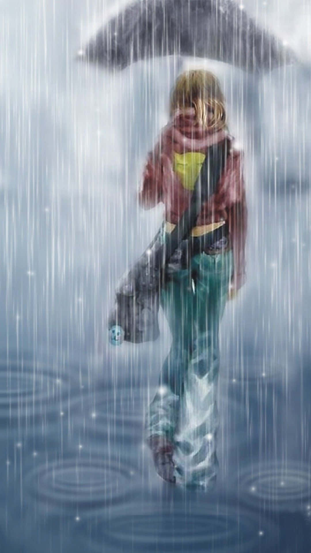 Rain Anime 桌布 壁紙 — 一個金髮的人撐著黑色雨傘在傾盆大雨中走開，水花在他們的靴子周圍飛濺。