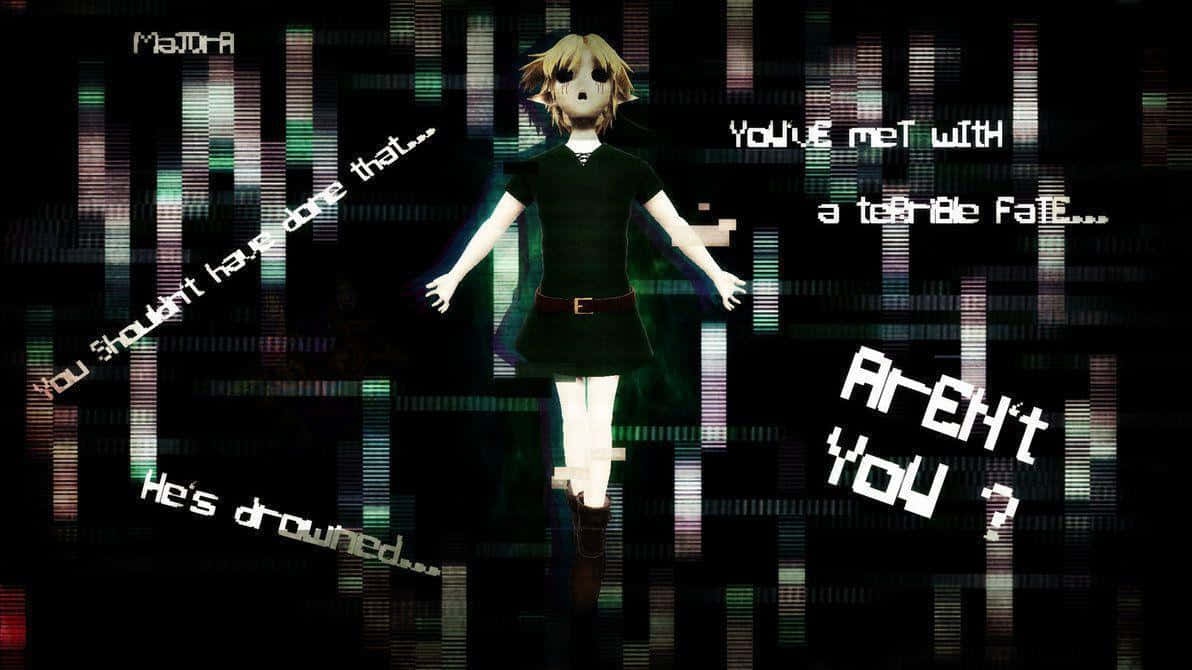 Creepypasta 桌布 壁紙 — 一個金髮的像素藝術女孩站在帶有漂浮不祥文字的故障數位背景前。