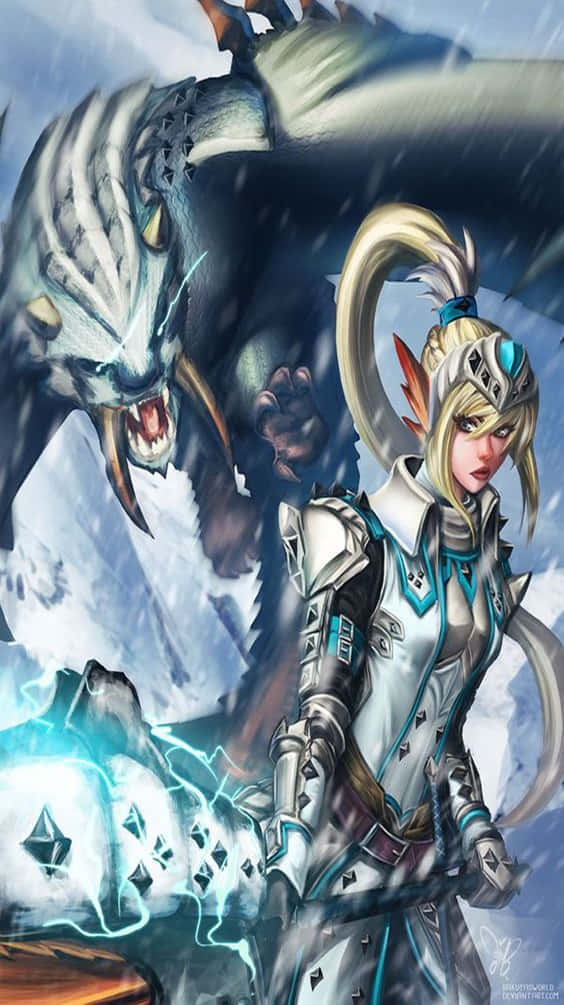 iPhone Xs Monster Hunter World 桌布 壁紙 — 一個金髮的兇猛裝甲戰士在暴風雪中挑釁地站在咆哮的冰龍面前。