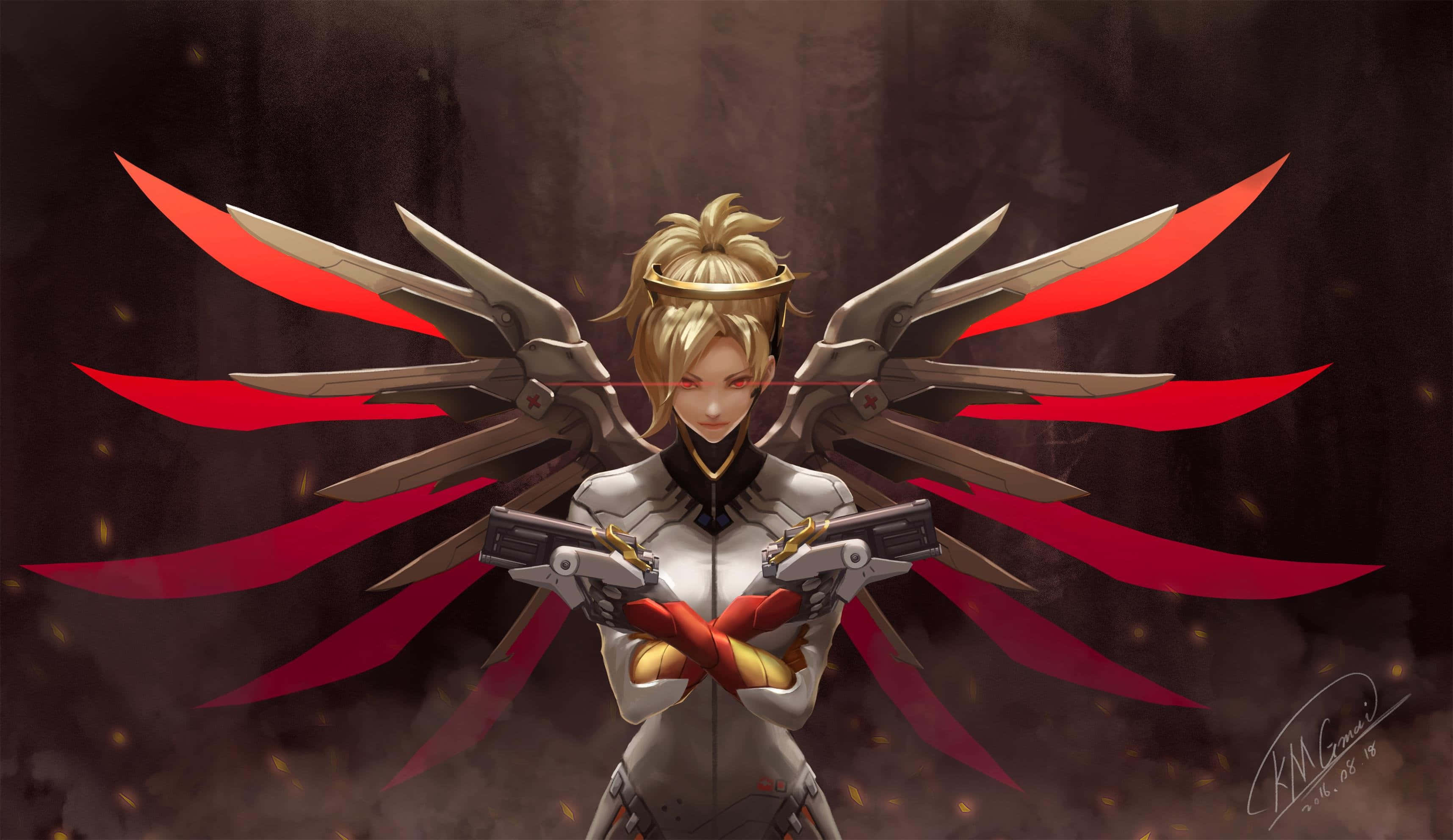Mercy Overwatch 桌布 壁紙 — 一個金髮的動漫角色，擁有機械翅膀和紅色刀刃，在黑暗煙霧背景中手持雙槍。