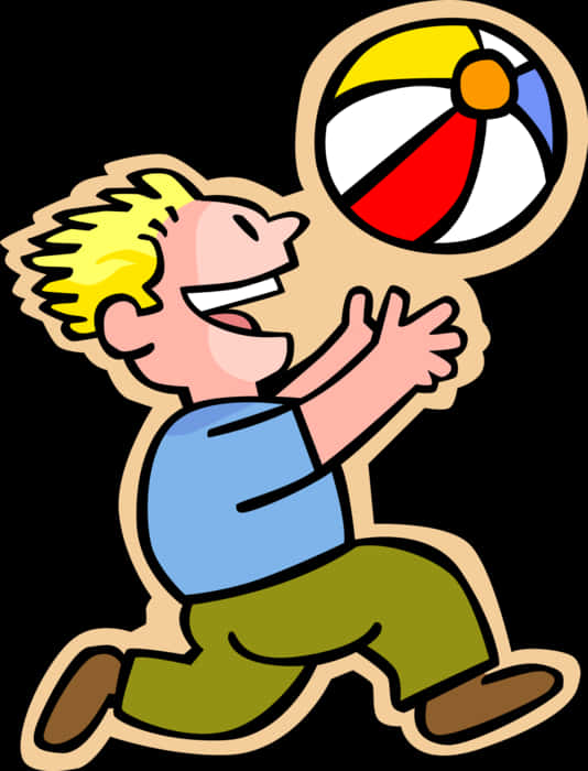 Clip Art 桌布 壁紙 — 一個金髮的卡通男孩在黑色背景上跳起接住色彩繽紛的條紋沙灘球。