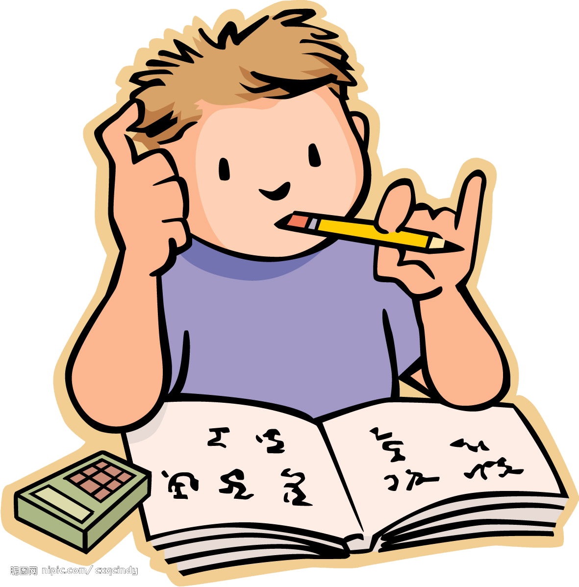 學校 桌布 壁紙 — 一個金髮的卡通男孩坐在書桌前，咬著鉛筆，同時抱著頭，周圍有一本打開的書和計算機。