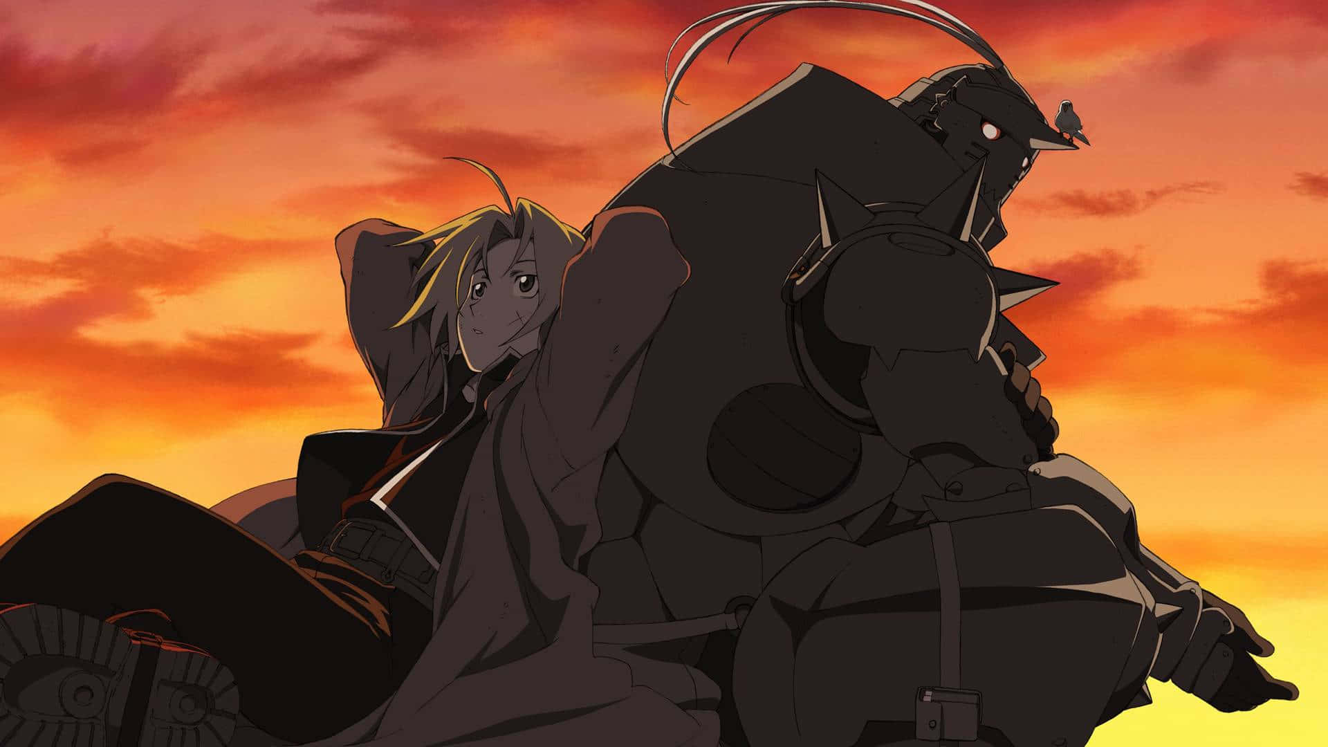Fullmetal Alchemist 桌布 壁紙 — 一個金髮的年輕動漫角色坐在一個大型黑色裝甲機器人上，背景是火紅橙色的日落天空。