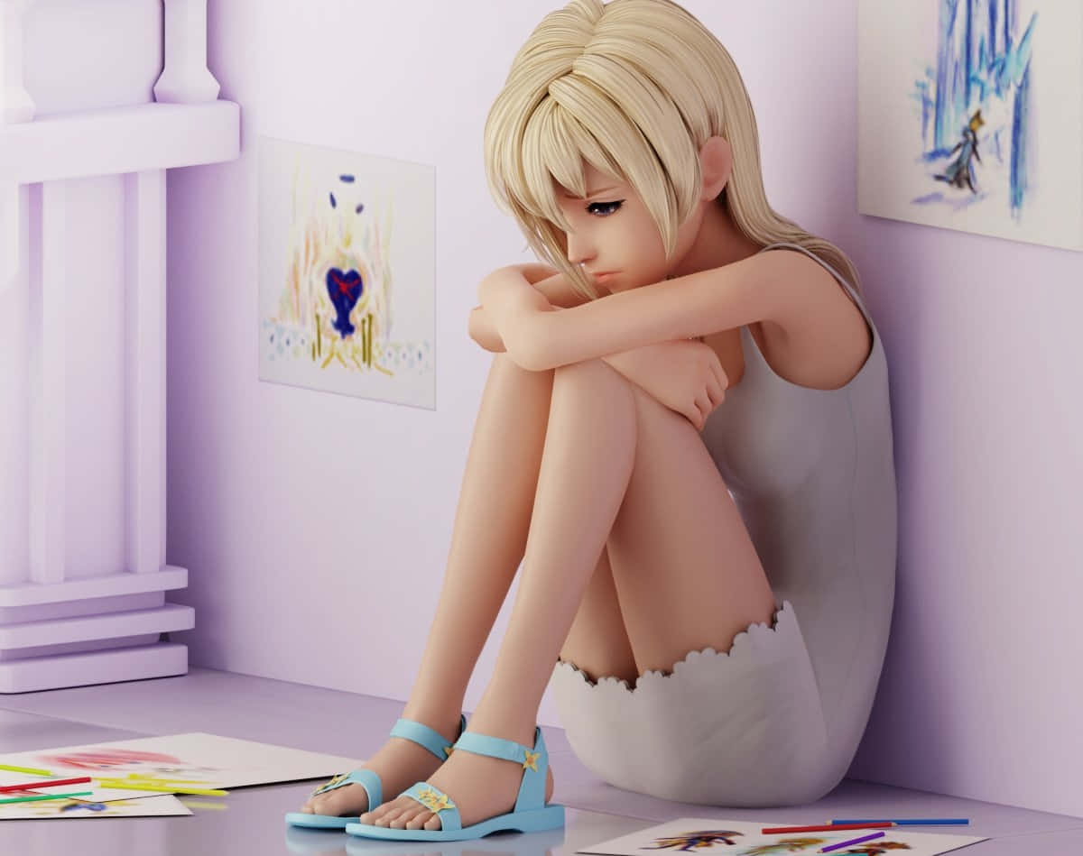 Kingdom Hearts Namine 桌布 壁紙 — 一個金髮的悲傷動漫女孩蜷縮在紫色房間的角落，周圍散落著蠟筆和畫作。