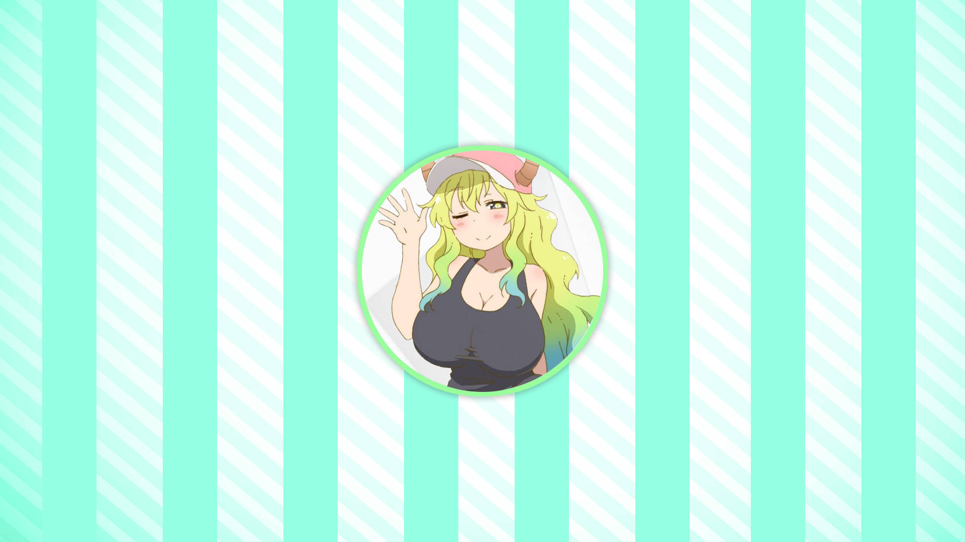 Lucoa 桌布 壁紙 — 一個金髮粉紅帽子的開心動漫女孩在薄荷綠白條紋背景的圓形框架內揮手。