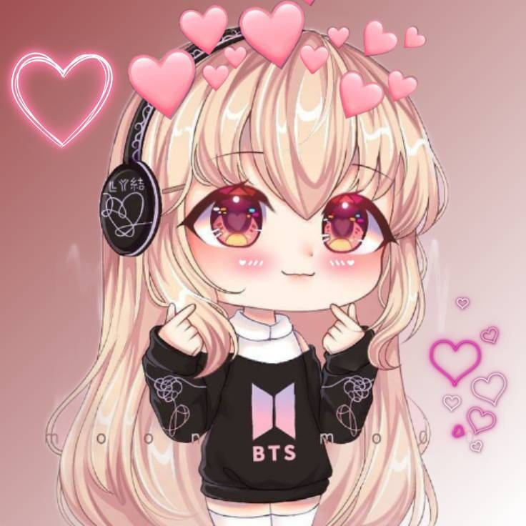 戴著耳機和粉紅心心的動漫女孩，穿著BTS連帽衫。 — BTS 防彈少年團 粉絲 女孩 GIF 壁紙