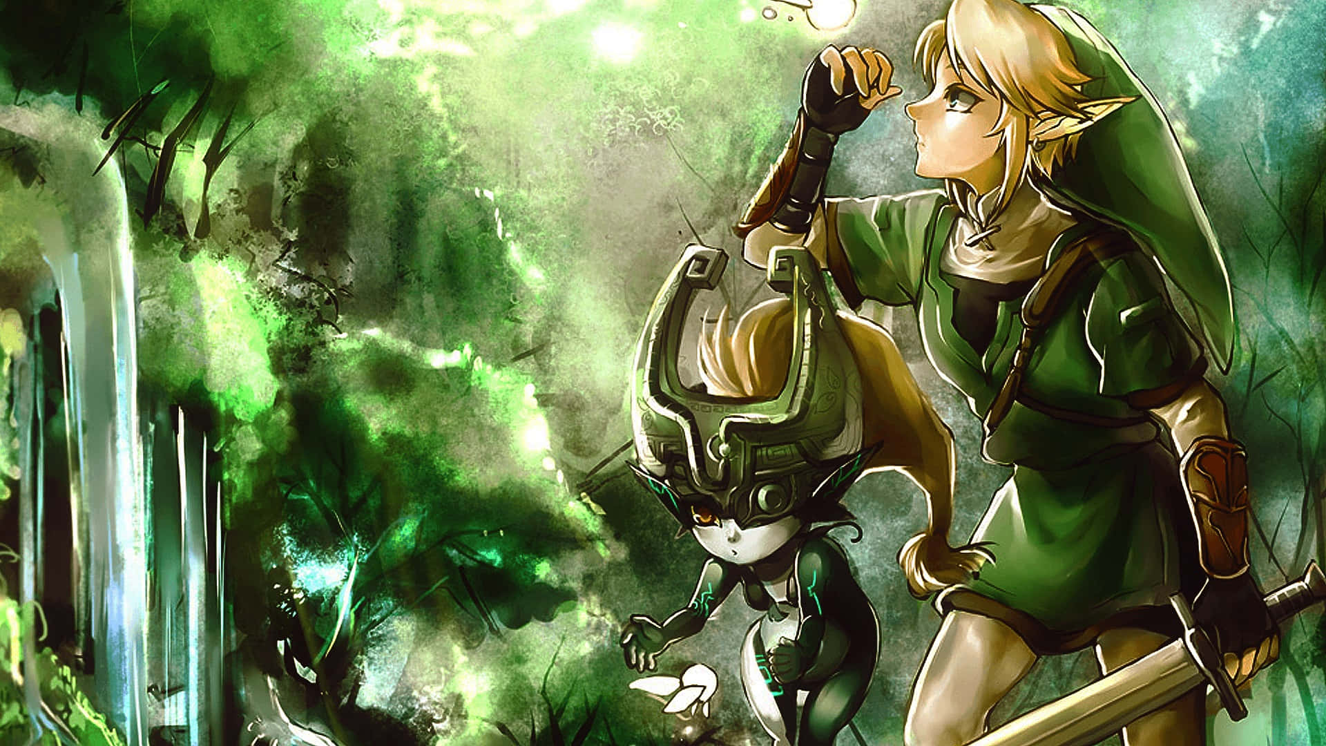 The Legend Of Zelda Midna 桌布 壁紙 — 一個金髮精靈戰士身穿綠色盔甲，站在一個發光的神秘森林中，旁邊有一個小型裝甲生物。