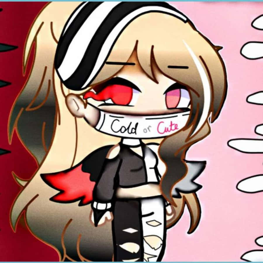 桌布 壁紙 — 一個金髮紅眼的chibi動漫女孩，戴著條紋頭帶和一個寫著'Cold or Cute'的口罩，背景是粉紅色和紅色。